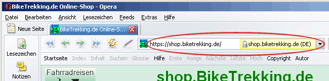 Bildschirmausschnitt vom Browser Opera mit gelb hinterlegtem Namen des Internetabgebotes und geschlossenem Schloss