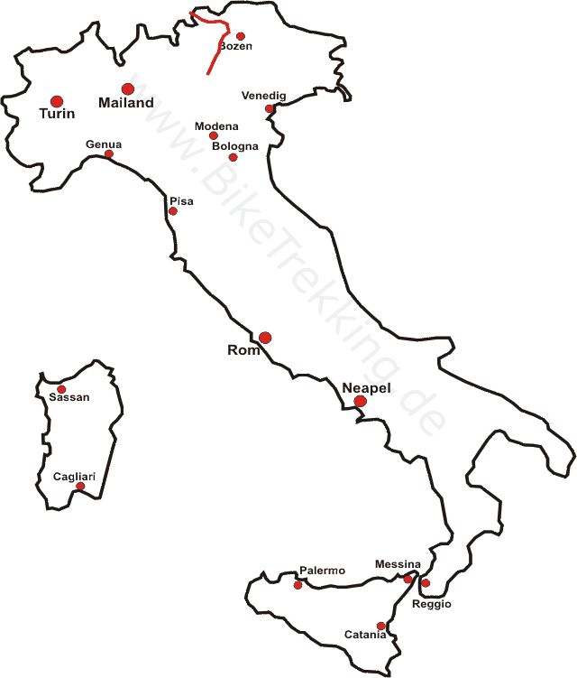 Italienkarte Radtour Alpenüberqürung München - Gardasee 2012