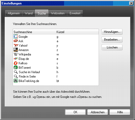OPERA Extras Einstellungen Suche