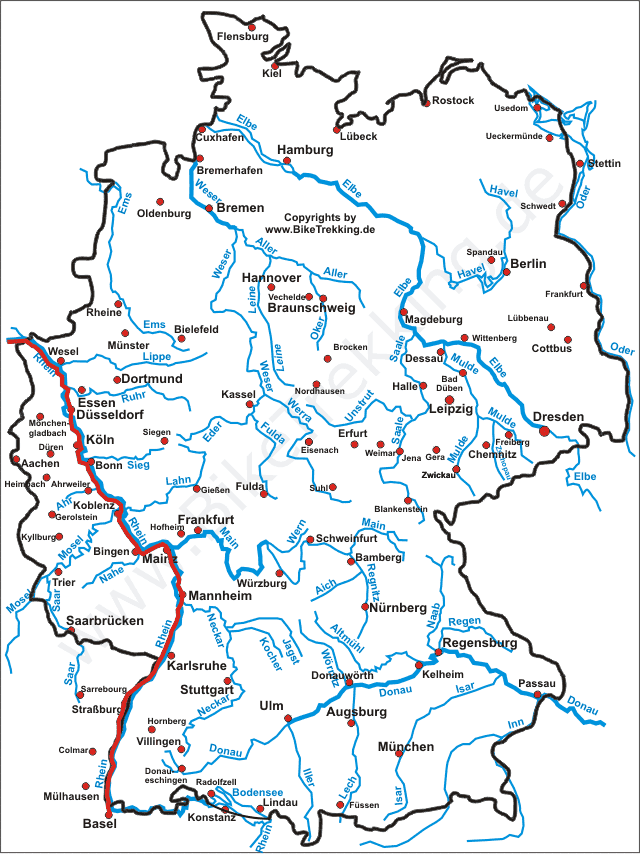 Karte Fahrradtour von Amsterdam nach Basel 2005 Deutscher Teil