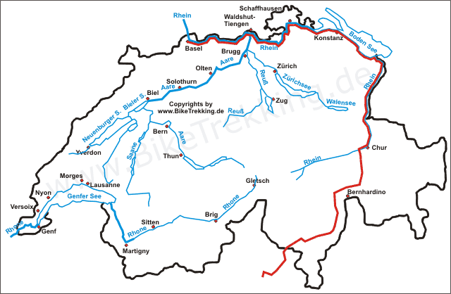 Karte Fahrradtour von Basel nach Genua 2006 Schweizer Teil