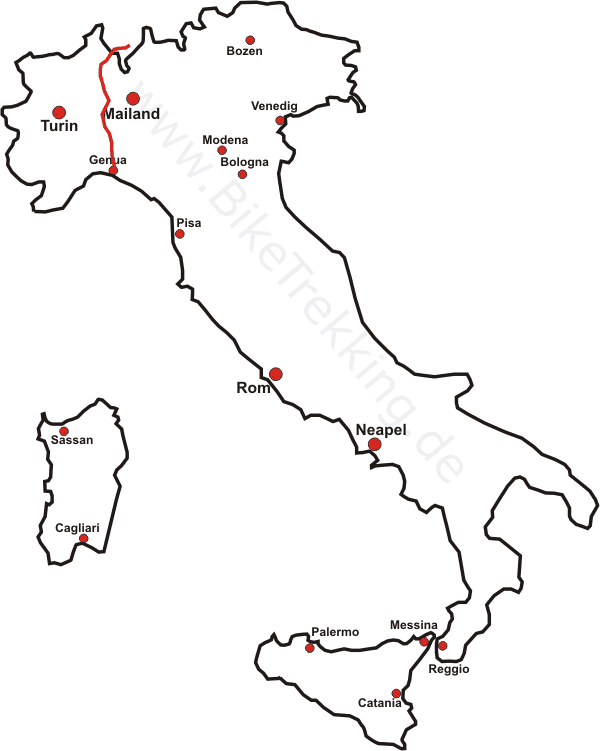 Karte Fahrradtour von Basel nach Genua 2006 Italien Teil