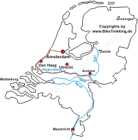Karte: Fahrradtour von Amsterdam nach Basel 2005 Niederländischer Teil