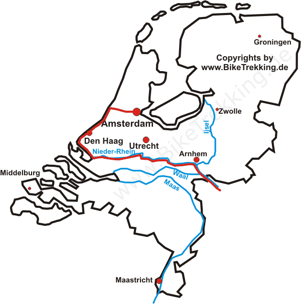 Karte Fahrradtour von Amsterdam nach Basel 2005 Niederländischer Teil